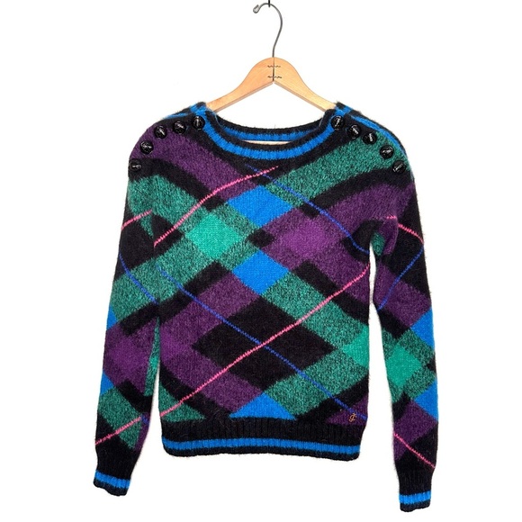 Juicy Couture | Y2K Plaid Button Shoulder Mohair Rabbit Hair Sweater Size Small - Picture 1 of 7